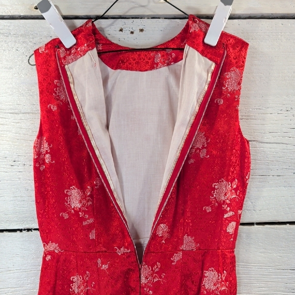 Handmade Red Floral Brocade Dress Sleeveless Midi Asian Inspired - Picture 4 of 6